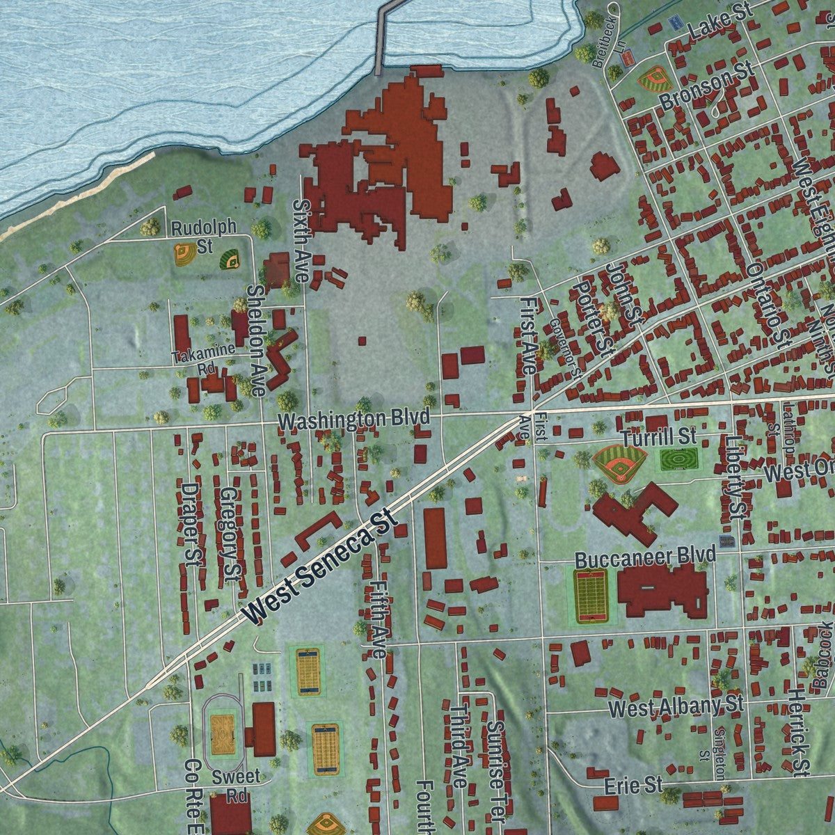 Second close-up of the map of the City of Oswego, Oswego County, New York print showing more streets and buildings