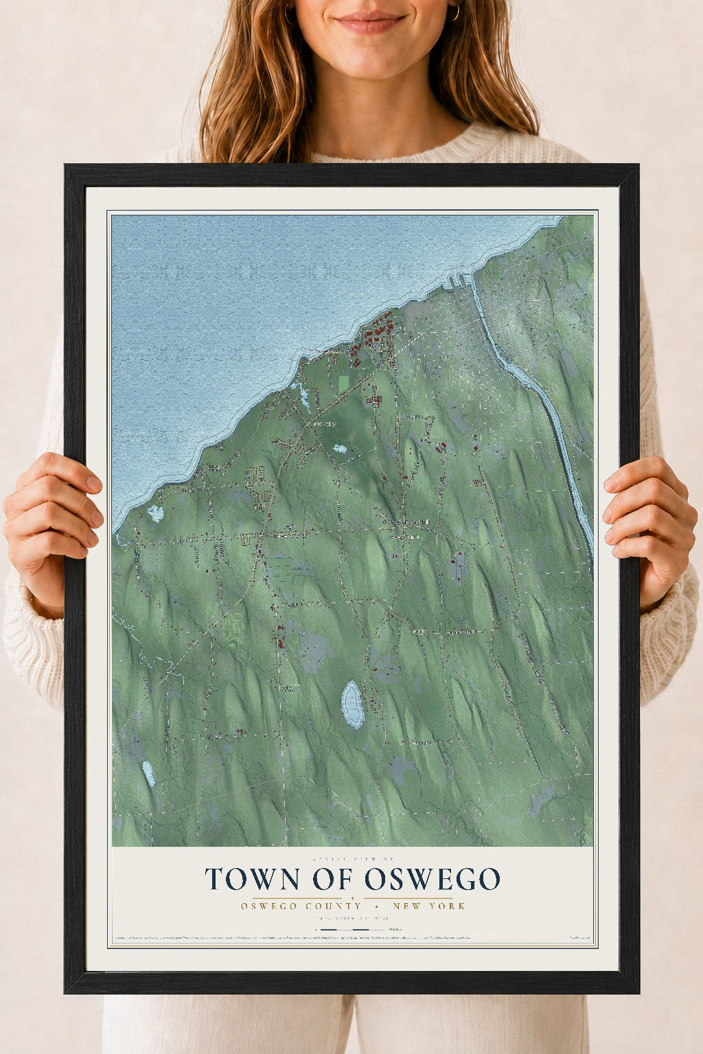 Oswego, New York map print, 18" x 24" W/ Black Ayous Wood Frame mockup