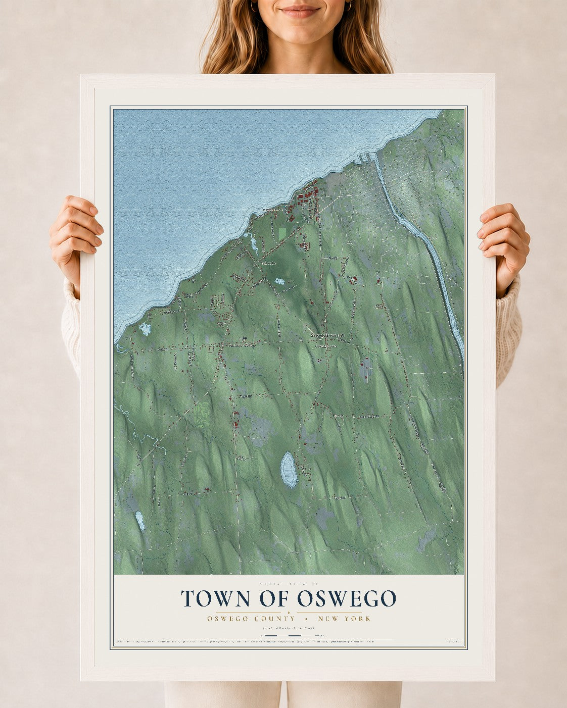 Oswego, New York map print, 24" x 36" W/ White Ayous Wood Frame mockup