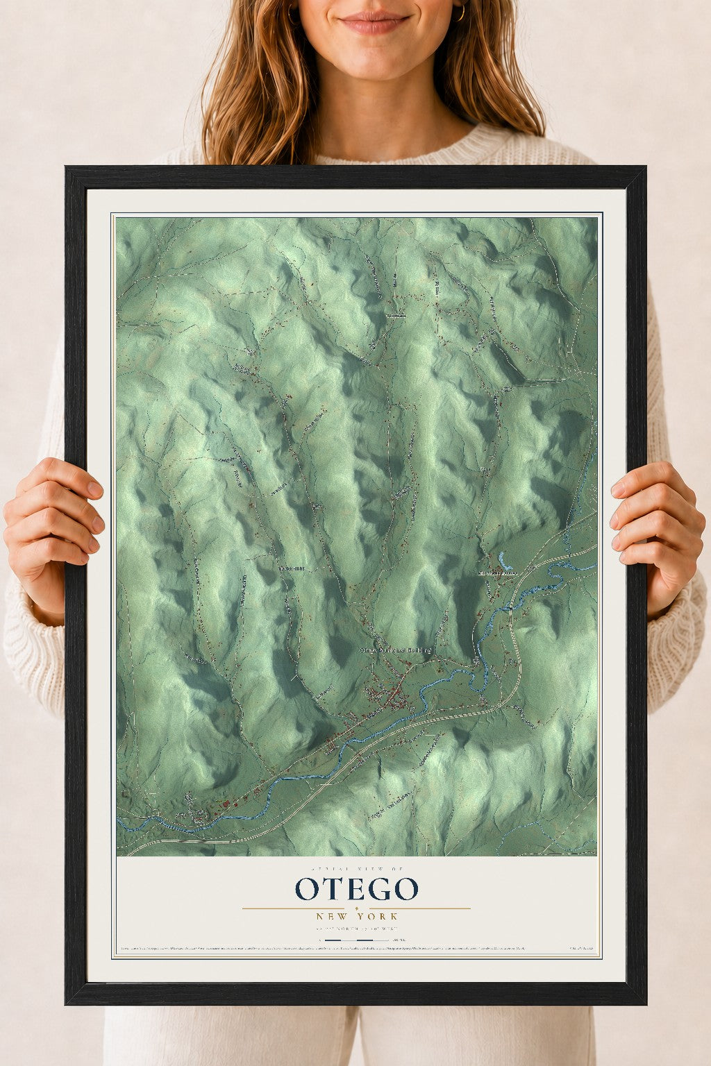 Otego, New York map print, 18" x 24" W/ Black Ayous Wood Frame mockup
