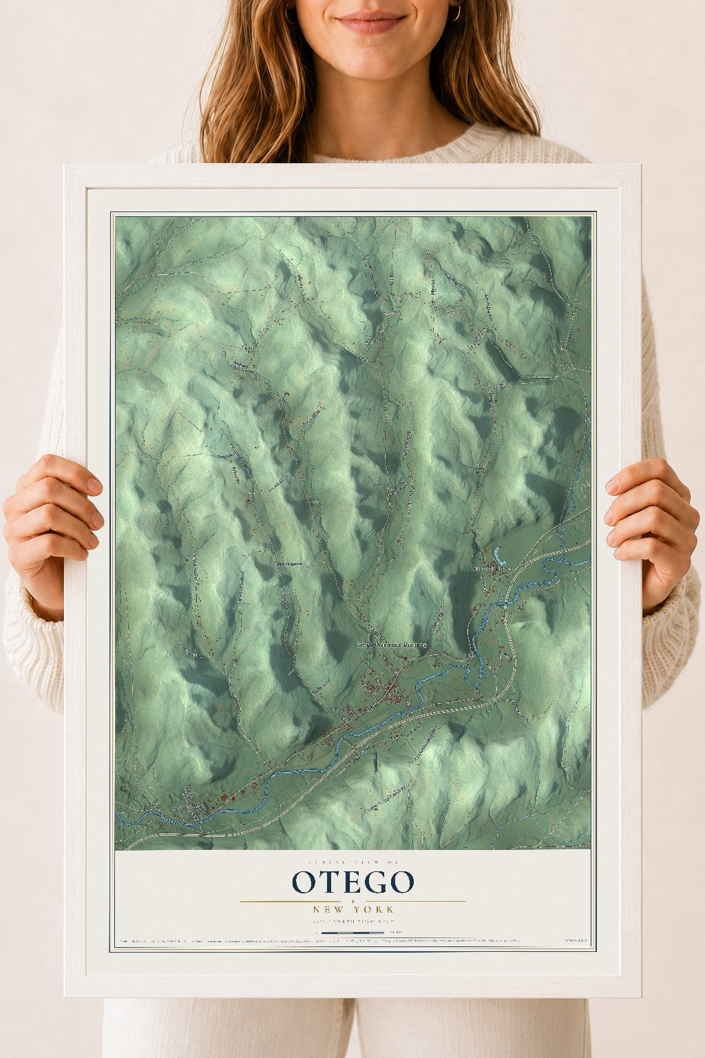 Otego, New York map print, 18" x 24" W/ White Ayous Wood Frame mockup