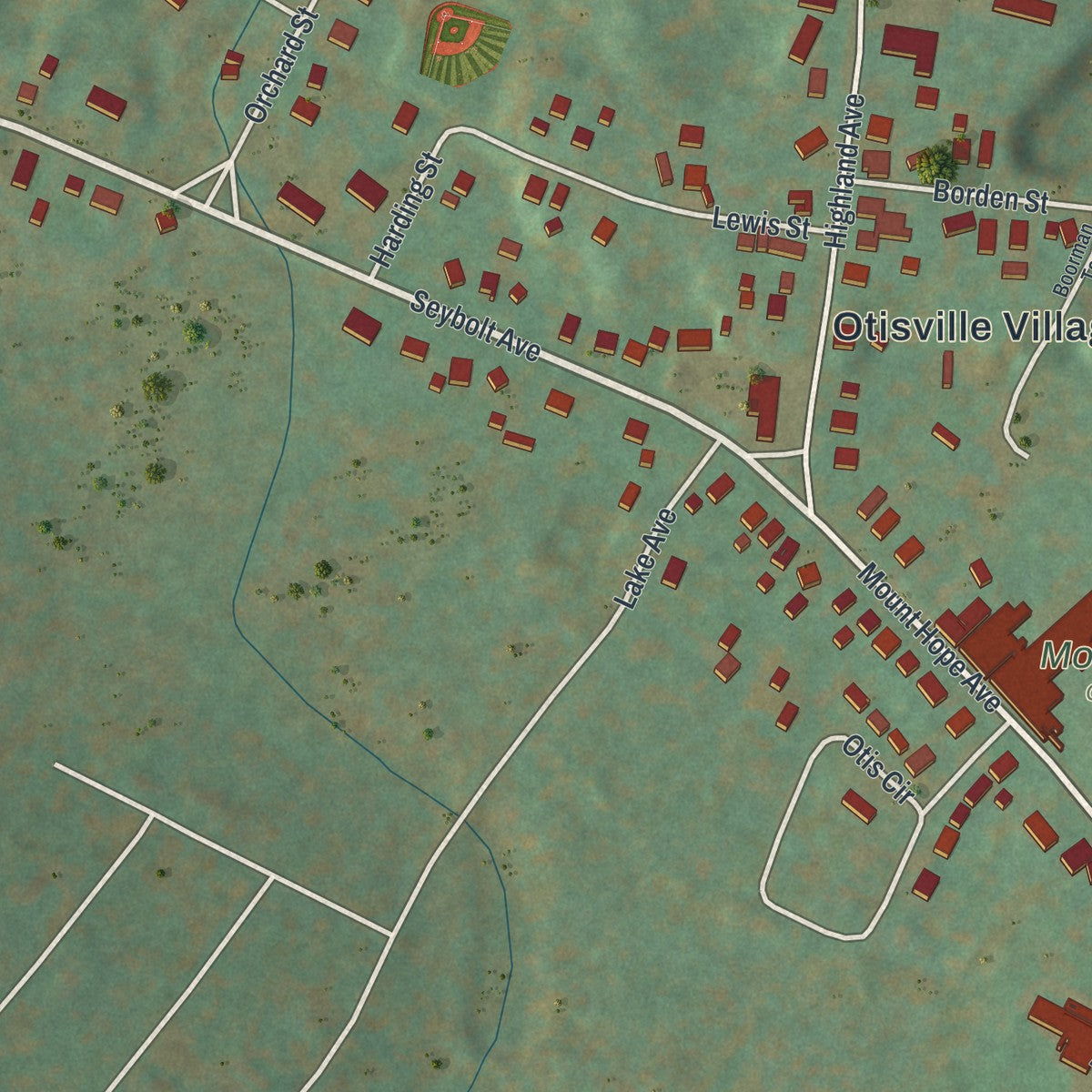 Close-up of the map of Otisville, New York print showing street and building detail