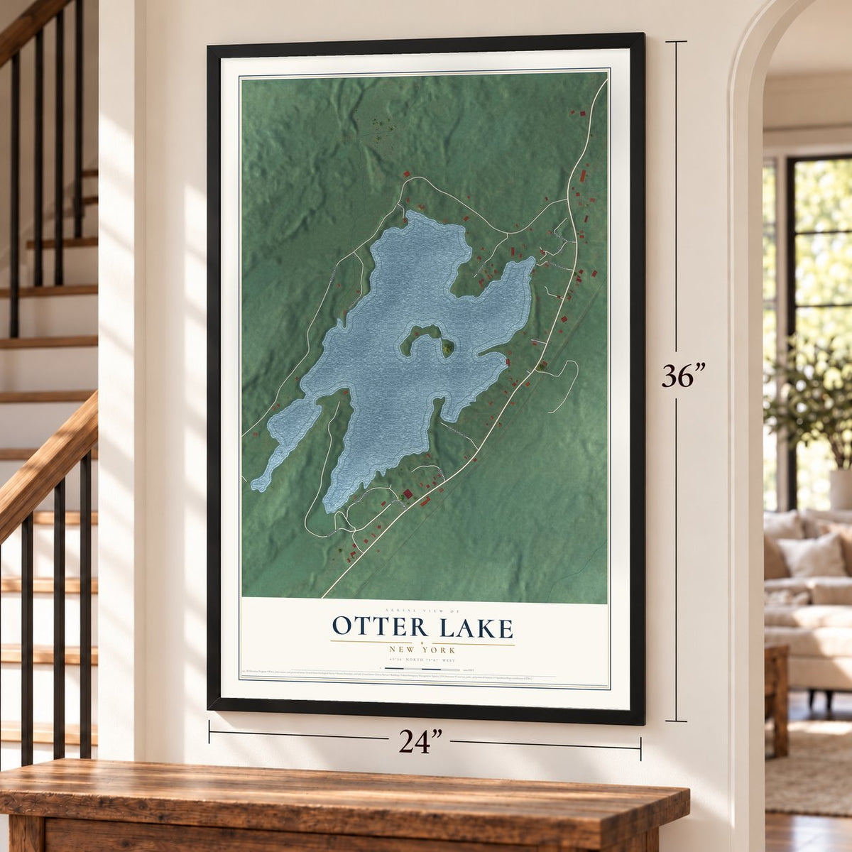 Otter Lake, New York map, 24 x 36 inch print in a black frame by a staircase