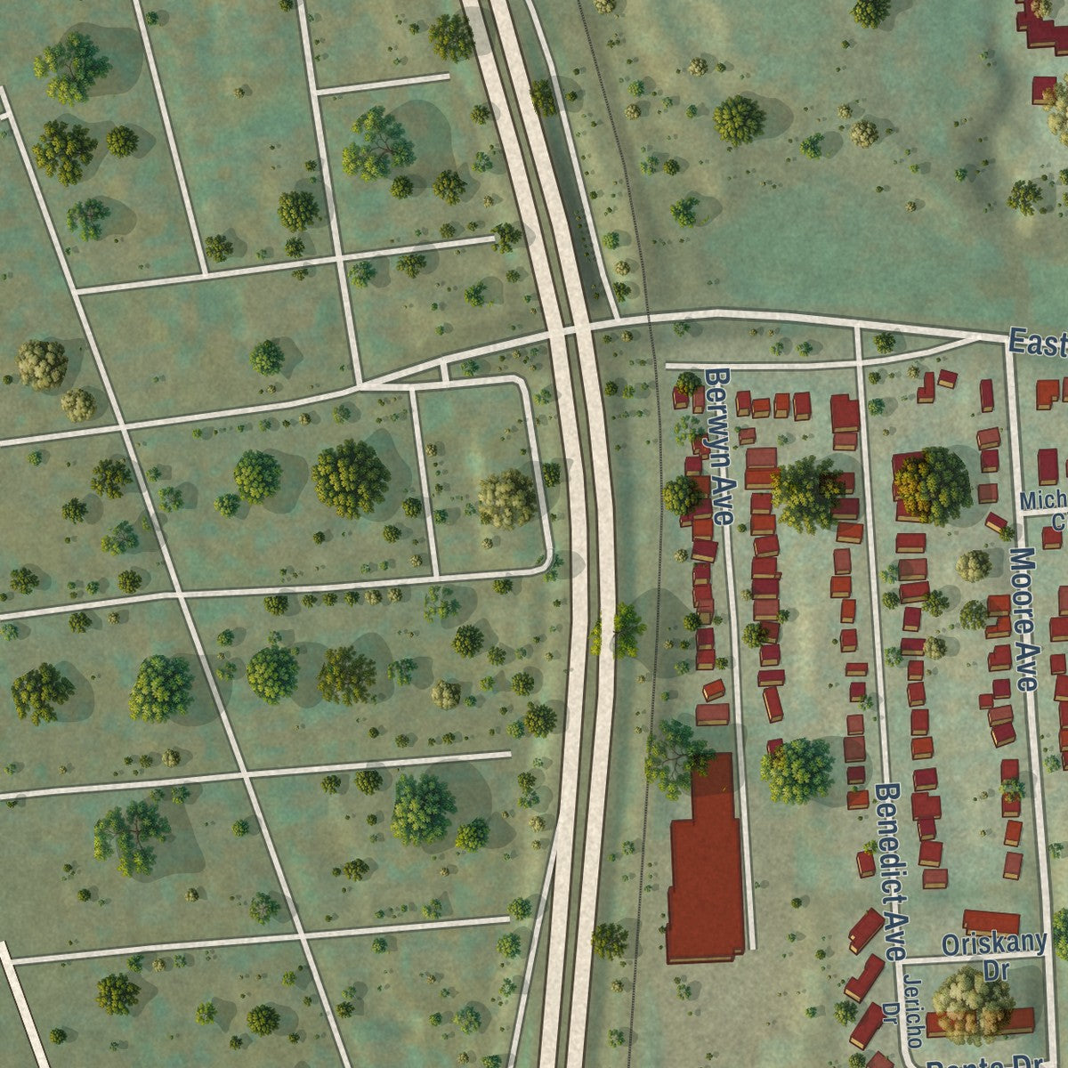 Close-up of the map of Outer Comstock, New York print showing street and building detail