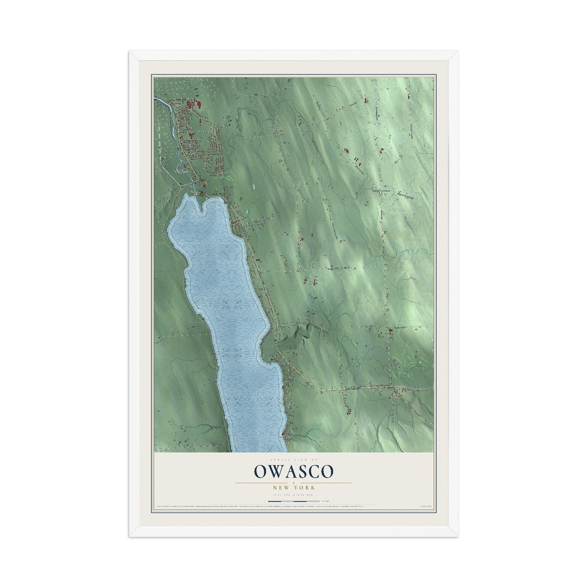 Owasco, New York map print, 12" x 18" W/ White Ayous Wood Frame mockup