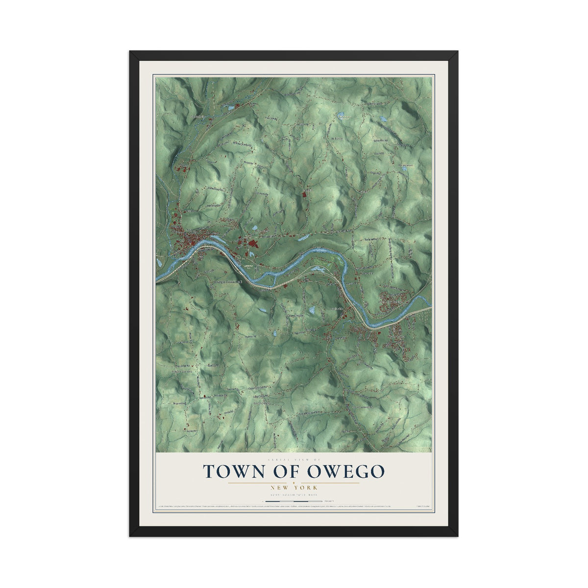 Owego, New York map print, 12" x 18" W/ Black Ayous Wood Frame mockup