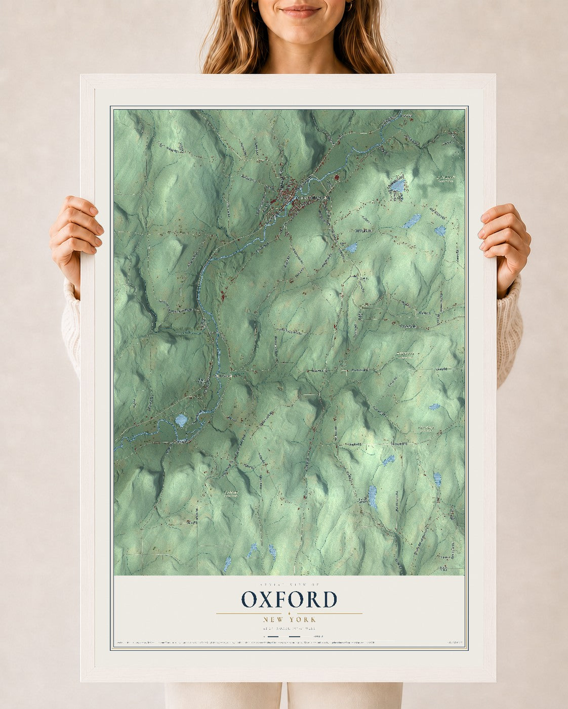 Oxford, New York map print, 24" x 36" W/ White Ayous Wood Frame mockup
