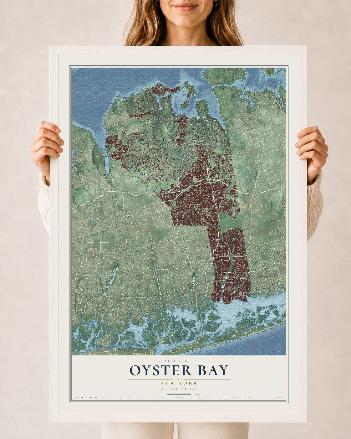 Oyster Bay, New York map print, 24" x 36" W/ White Ayous Wood Frame mockup