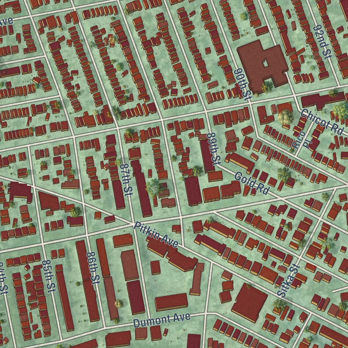 Close-up of the map of Ozone Park, New York print showing street and building detail