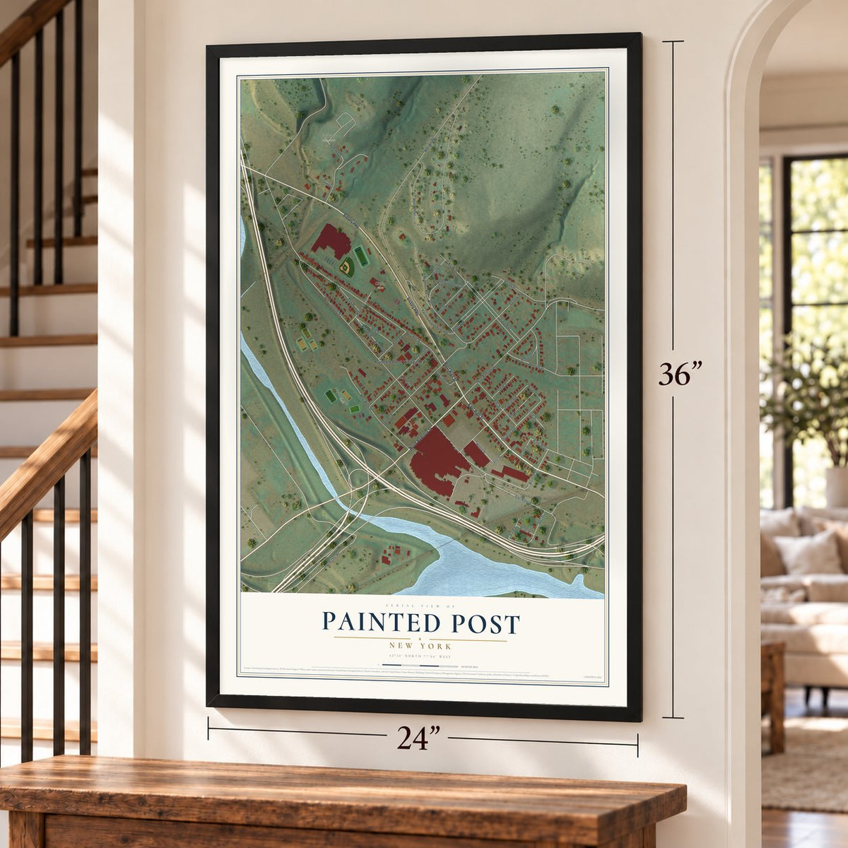Painted Post, New York map, 24 x 36 inch print in a black frame by a staircase