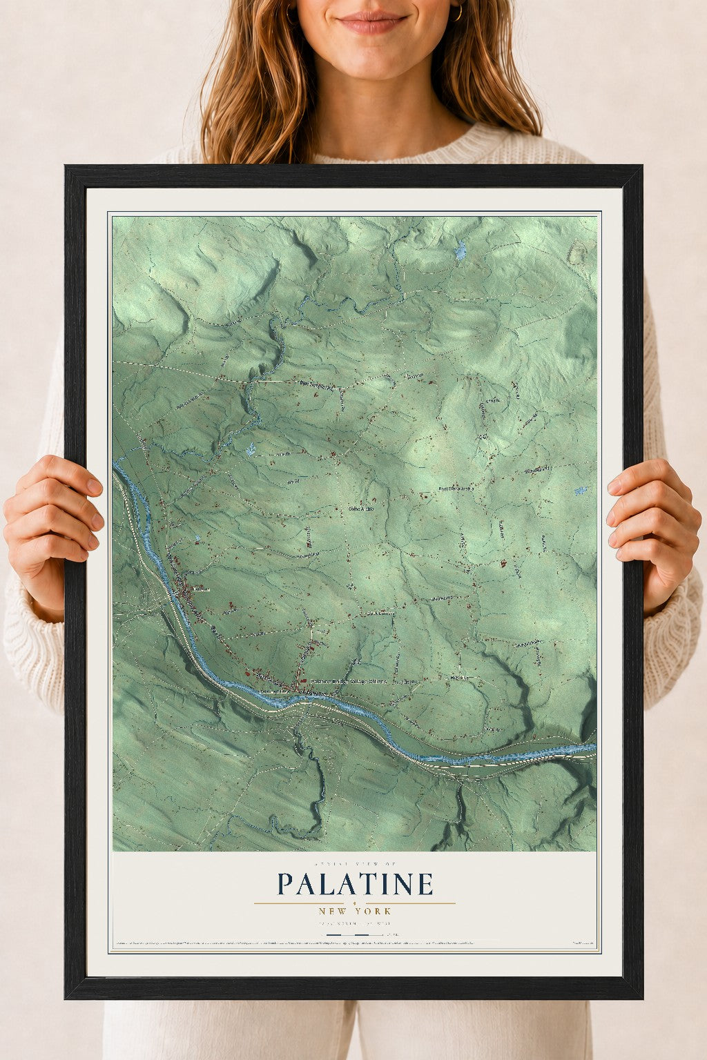 Palatine, New York map print, 18" x 24" W/ Black Ayous Wood Frame mockup
