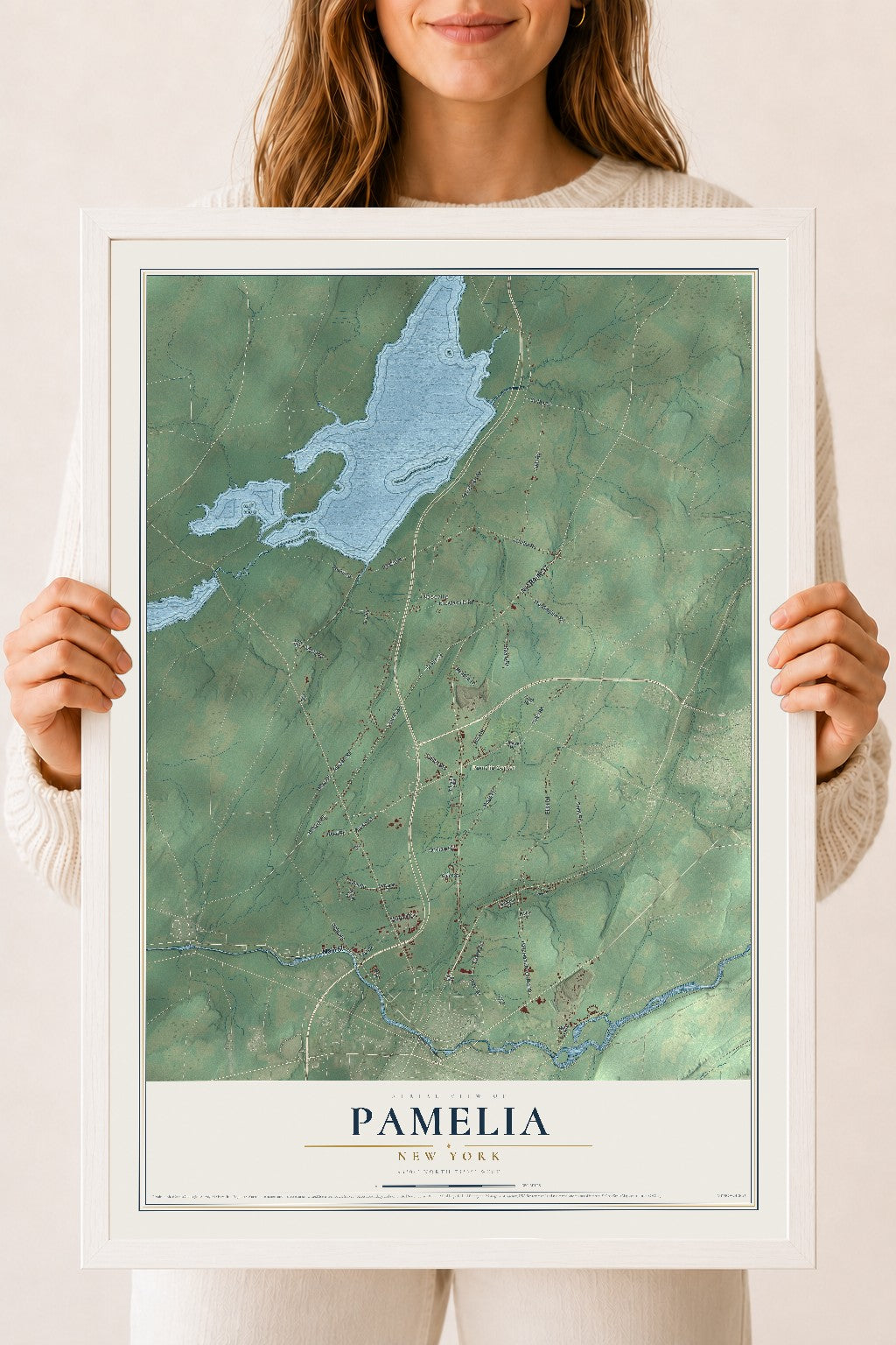 Pamelia, New York map print, 18" x 24" W/ White Ayous Wood Frame mockup