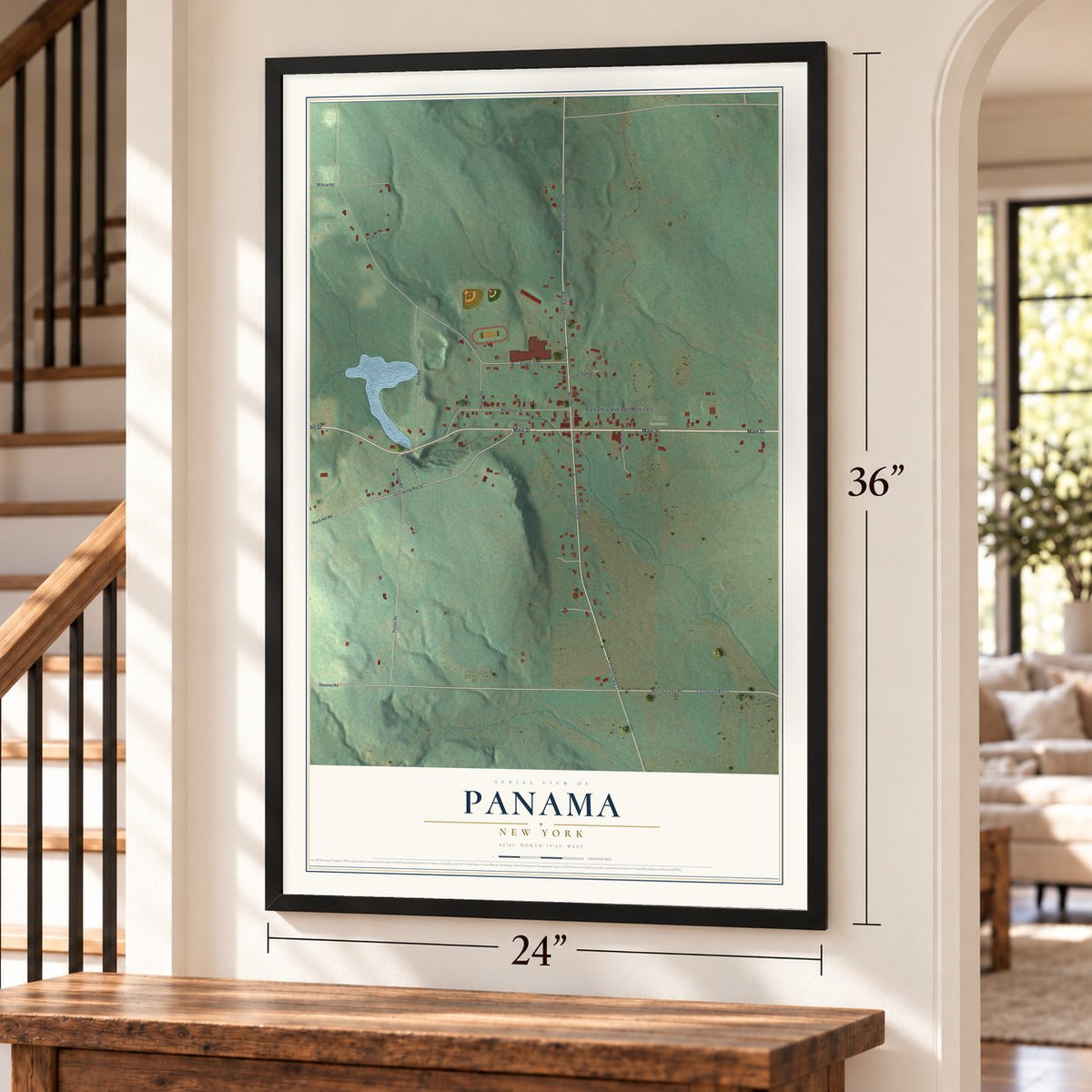 Panama, New York map, 24 x 36 inch print in a black frame by a staircase