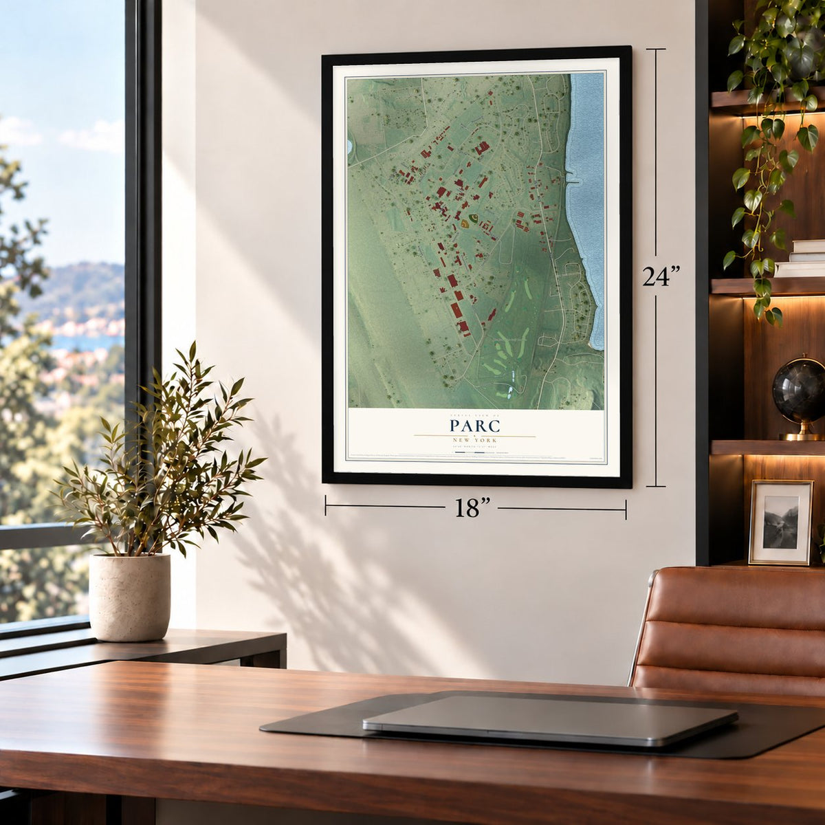 Parc, New York map, 18 x 24 inch print in a black frame in a home office