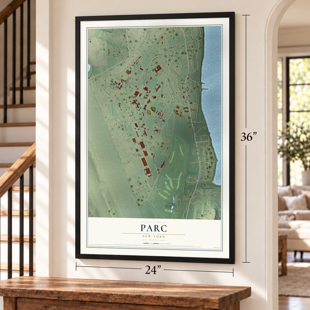 Parc, New York map, 24 x 36 inch print in a black frame by a staircase