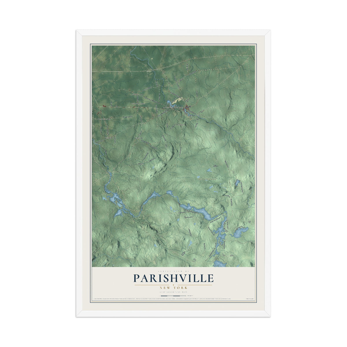 Parishville, New York map print, 12" x 18" W/ White Ayous Wood Frame mockup