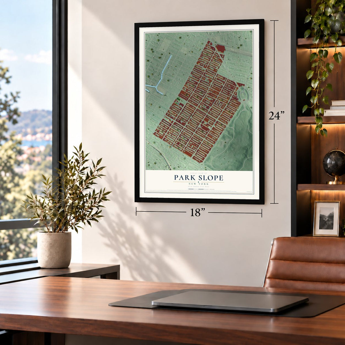 Park Slope, New York map, 18 x 24 inch print in a black frame in a home office