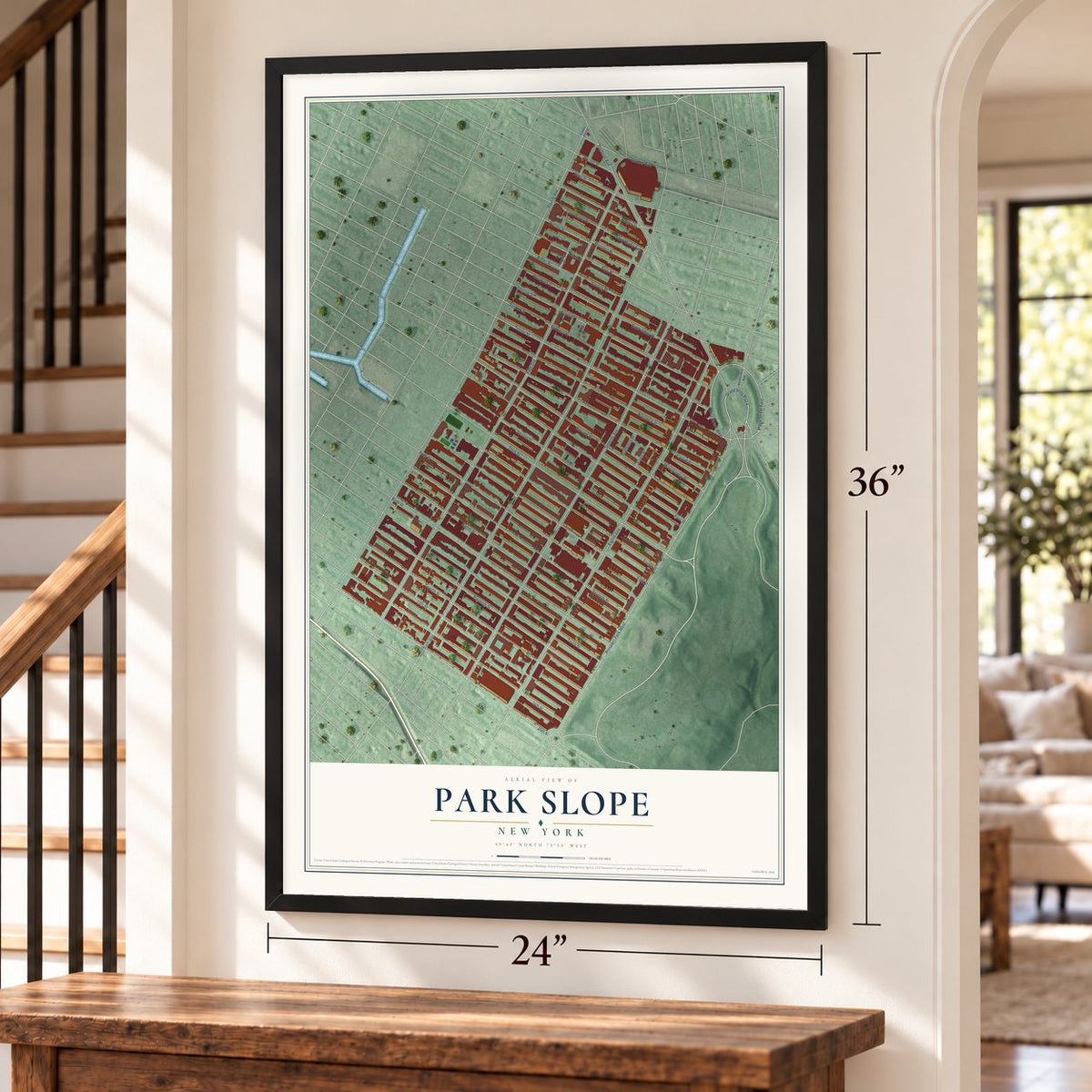 Park Slope, New York map, 24 x 36 inch print in a black frame by a staircase