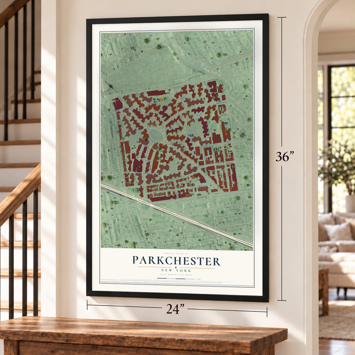 Parkchester, New York map, 24 x 36 inch print in a black frame by a staircase
