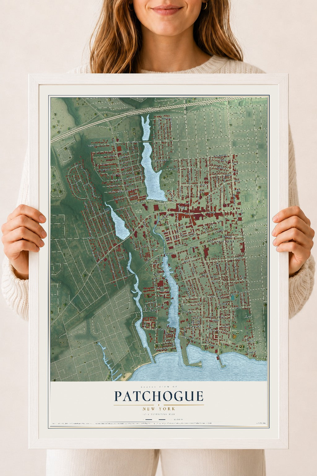 Patchogue, New York map print, 18" x 24" W/ White Ayous Wood Frame mockup