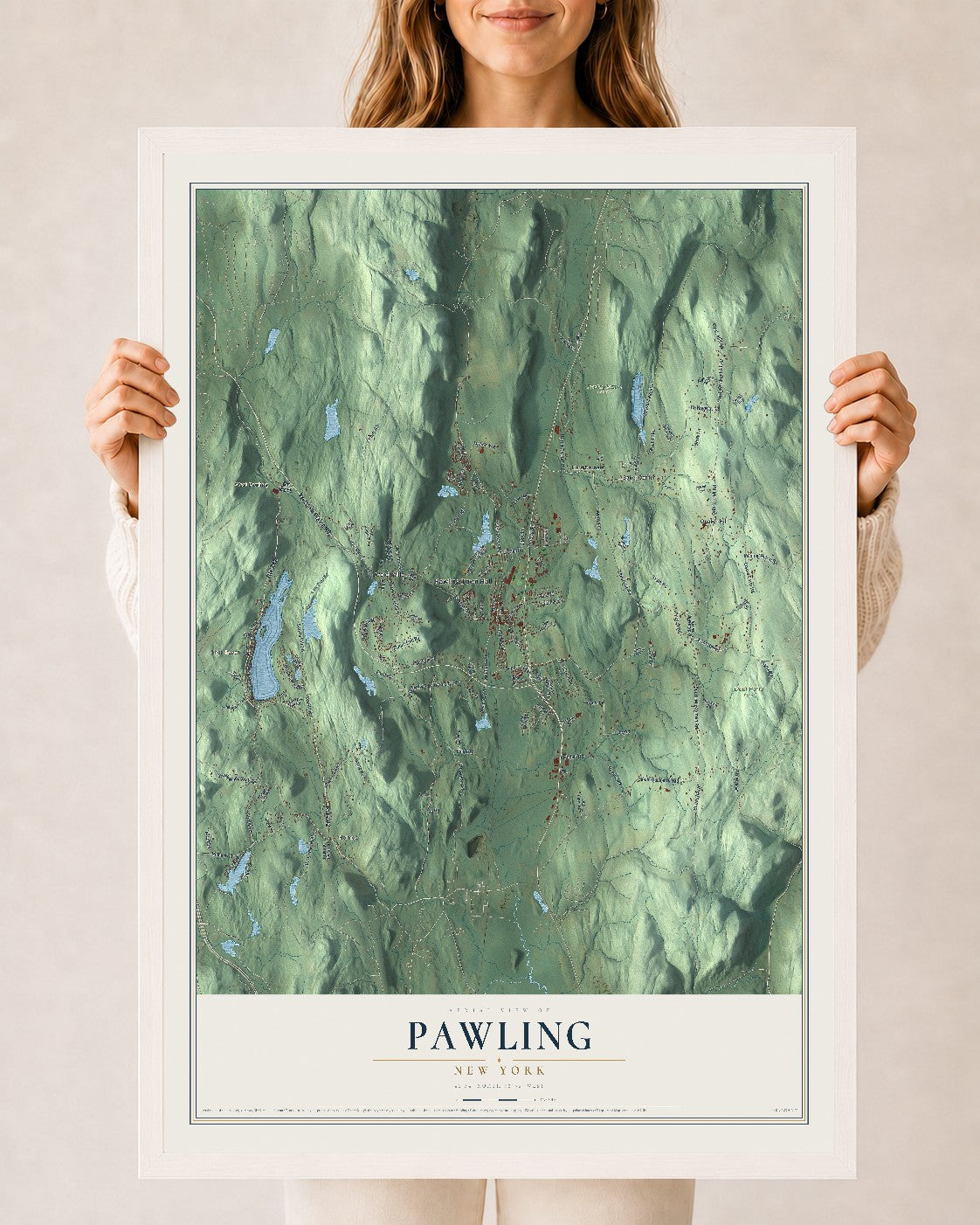 Pawling, New York map print, 24" x 36" W/ White Ayous Wood Frame mockup