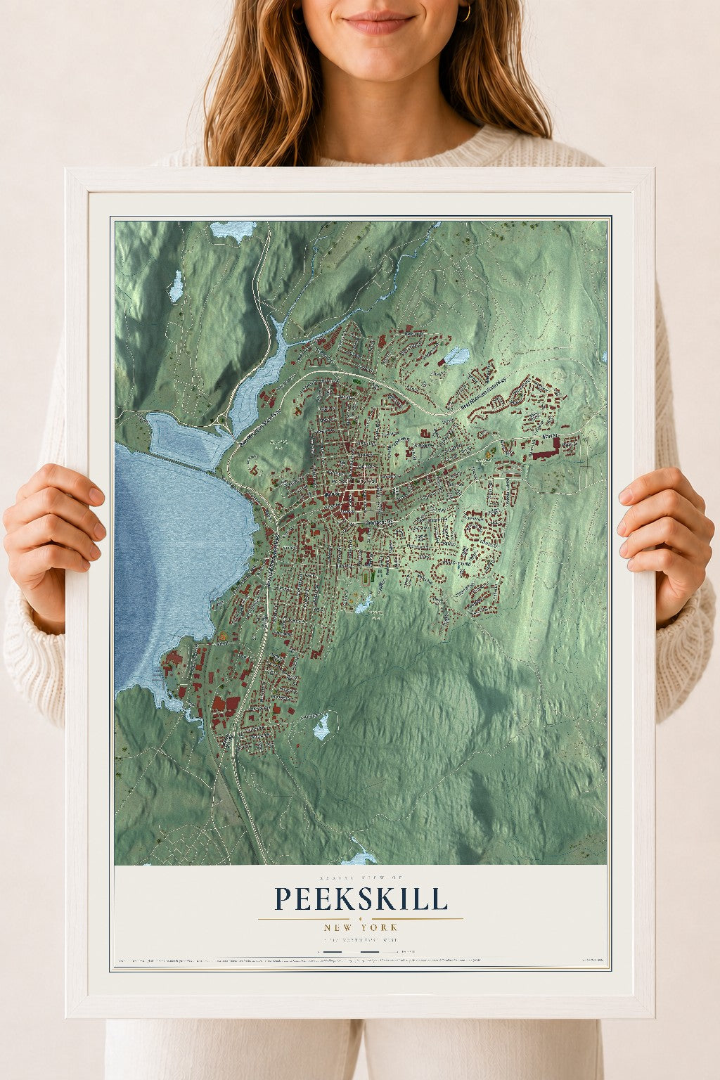 Peekskill, New York map print, 18" x 24" W/ White Ayous Wood Frame mockup