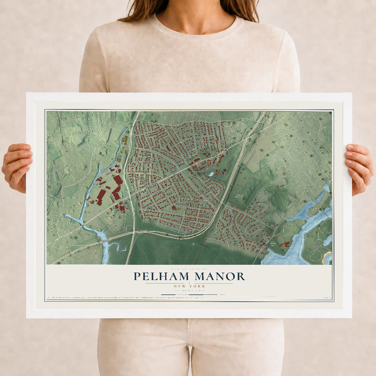 Pelham Manor, New York map print, 12" x 18" W/ White Ayous Wood Frame mockup