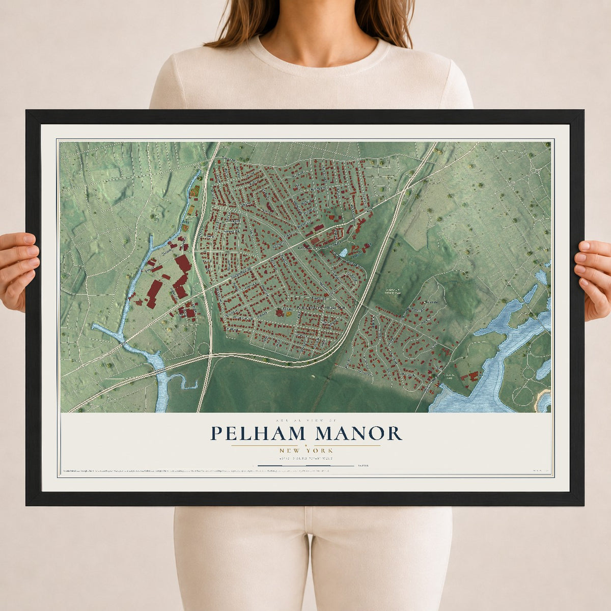 Pelham Manor, New York map print, 18" x 24" W/ Black Ayous Wood Frame mockup