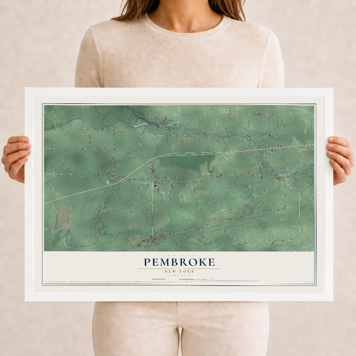 Pembroke, New York map print, 12" x 18" W/ White Ayous Wood Frame mockup