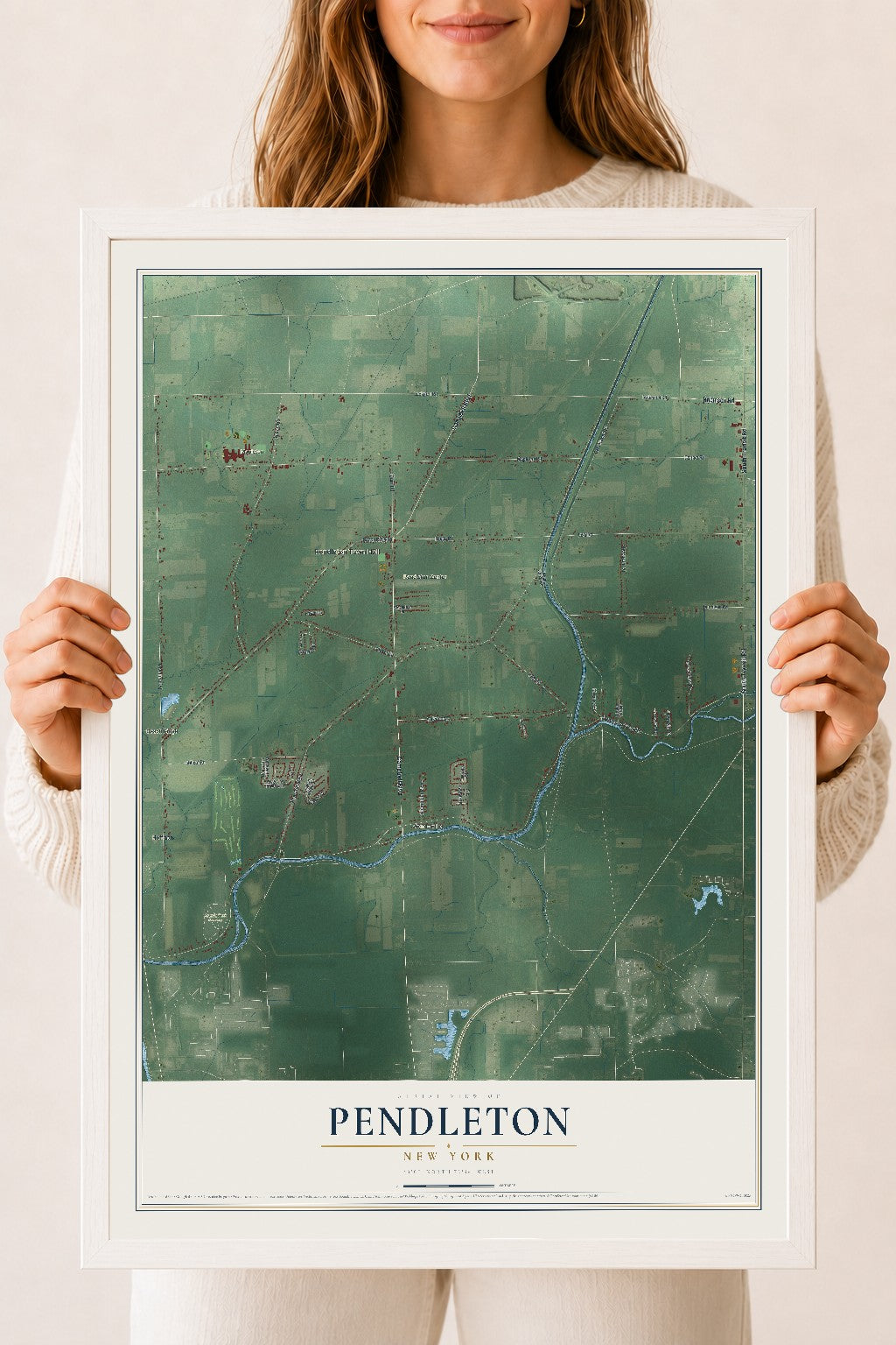 Pendleton, New York map print, 18" x 24" W/ White Ayous Wood Frame mockup