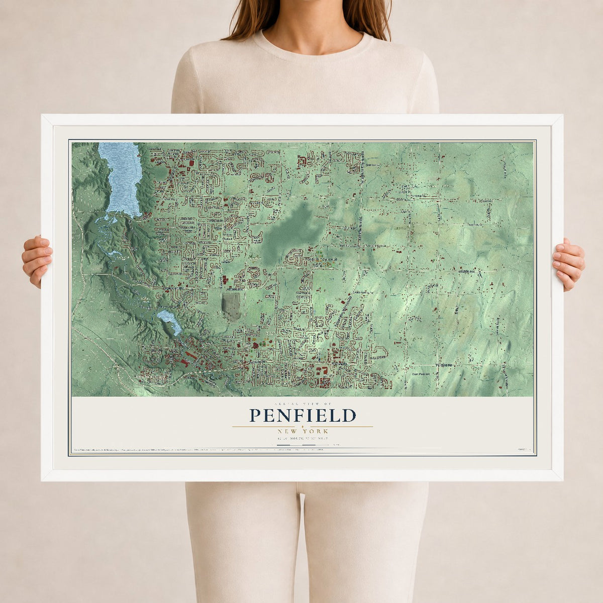 Penfield, New York map print, 24" x 36" W/ White Ayous Wood Frame mockup