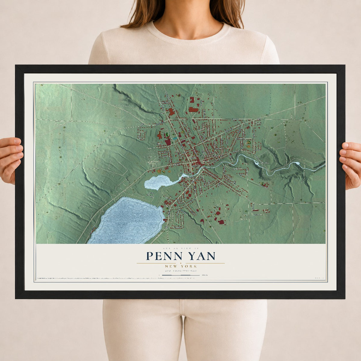 Penn Yan, New York map print, 18" x 24" W/ Black Ayous Wood Frame mockup