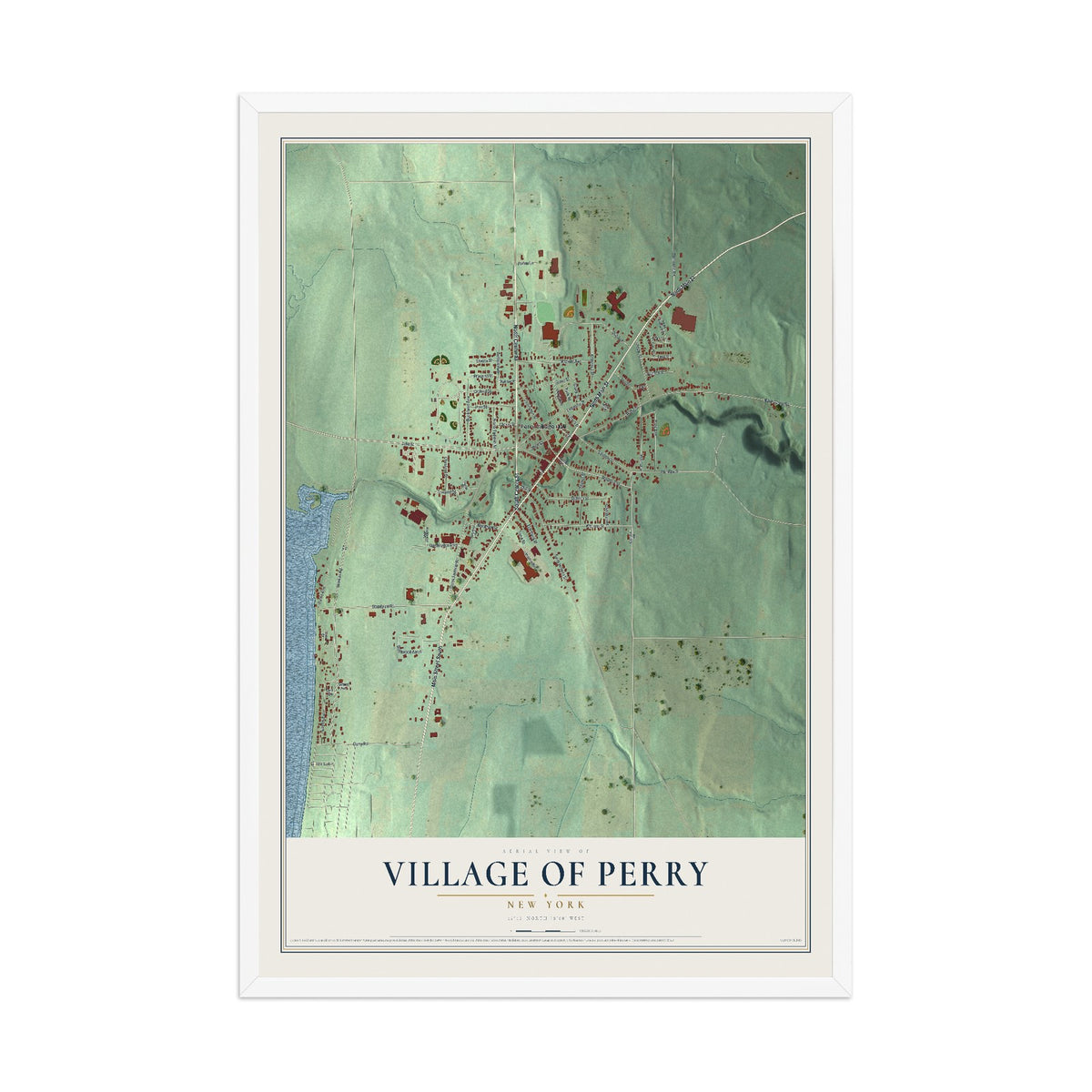 Perry, New York map print, 12" x 18" W/ White Ayous Wood Frame mockup