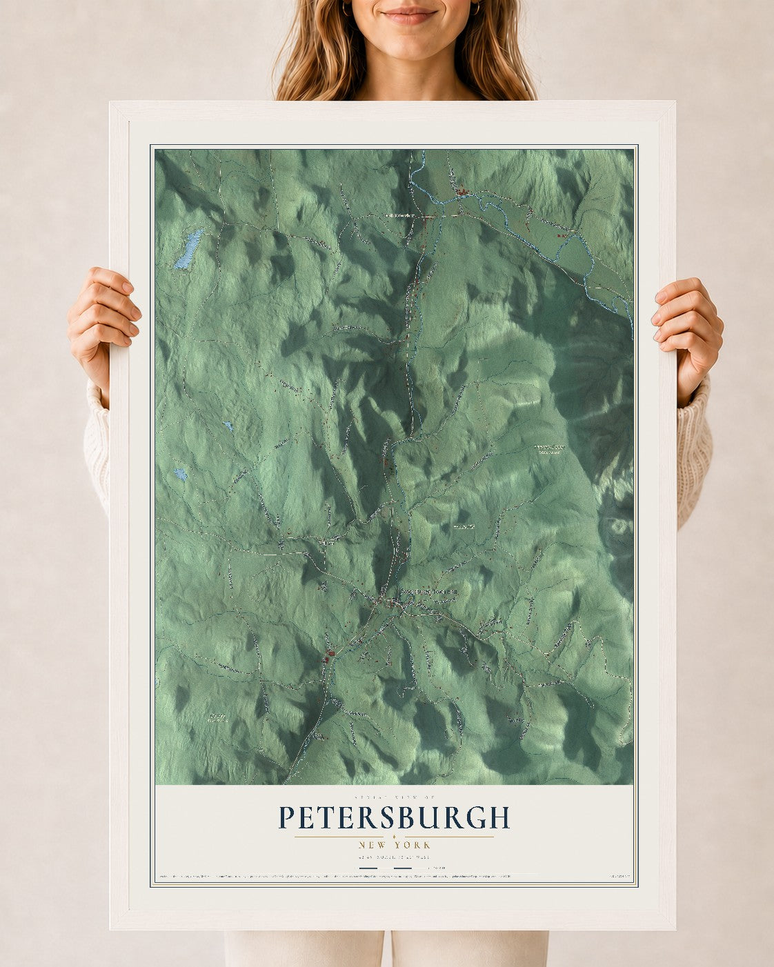 Petersburgh, New York map print, 24" x 36" W/ White Ayous Wood Frame mockup