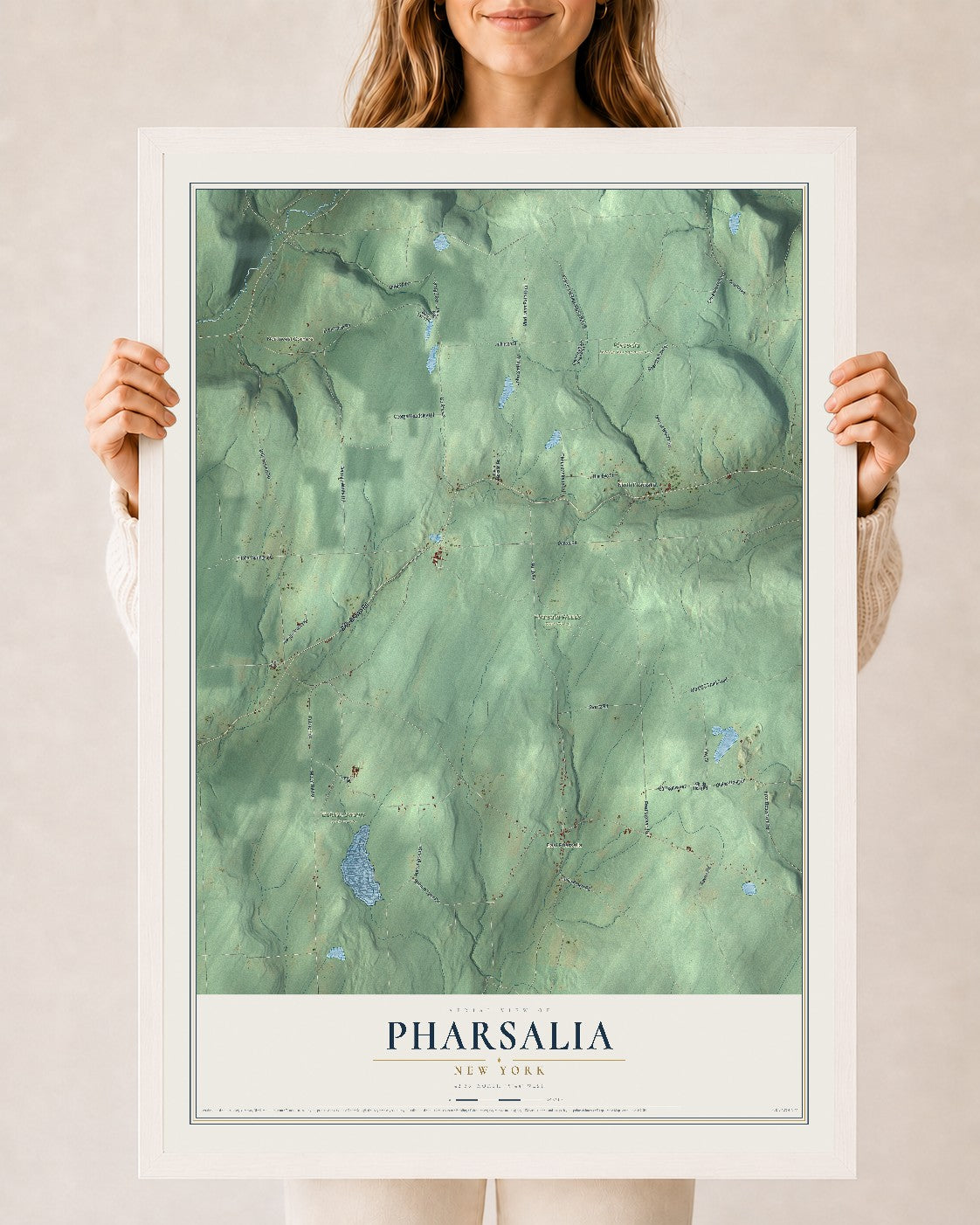 Pharsalia, New York map print, 24" x 36" W/ White Ayous Wood Frame mockup