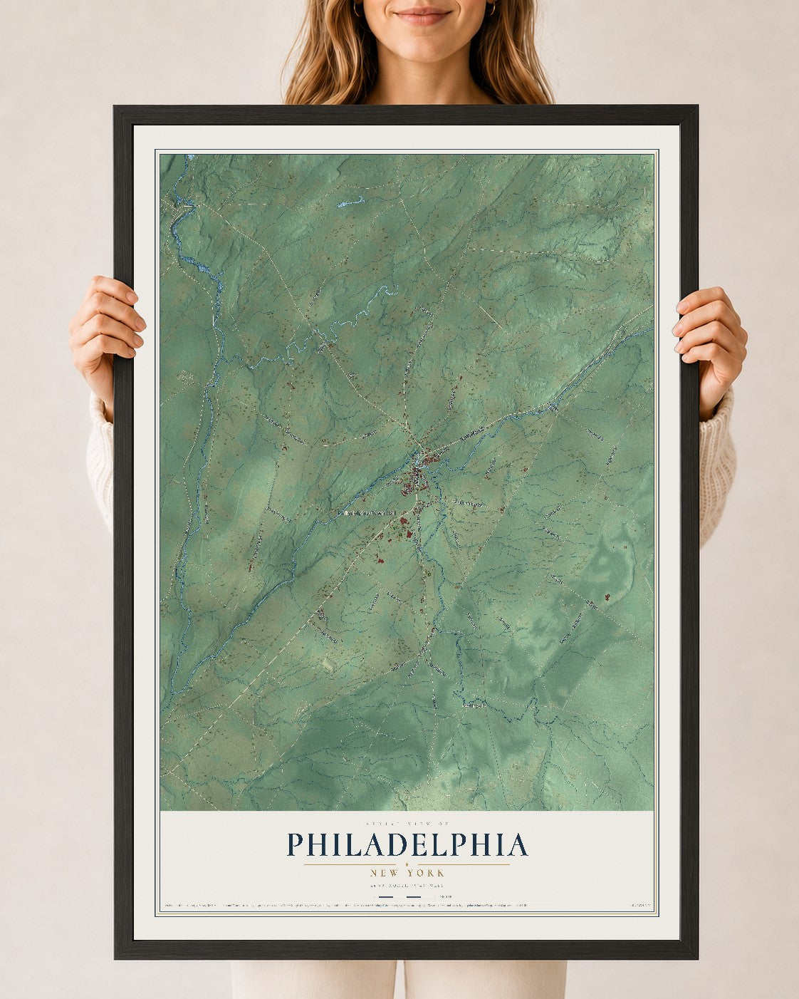 Philadelphia, New York map print, 24" x 36" W/ Black Ayous Wood Frame mockup