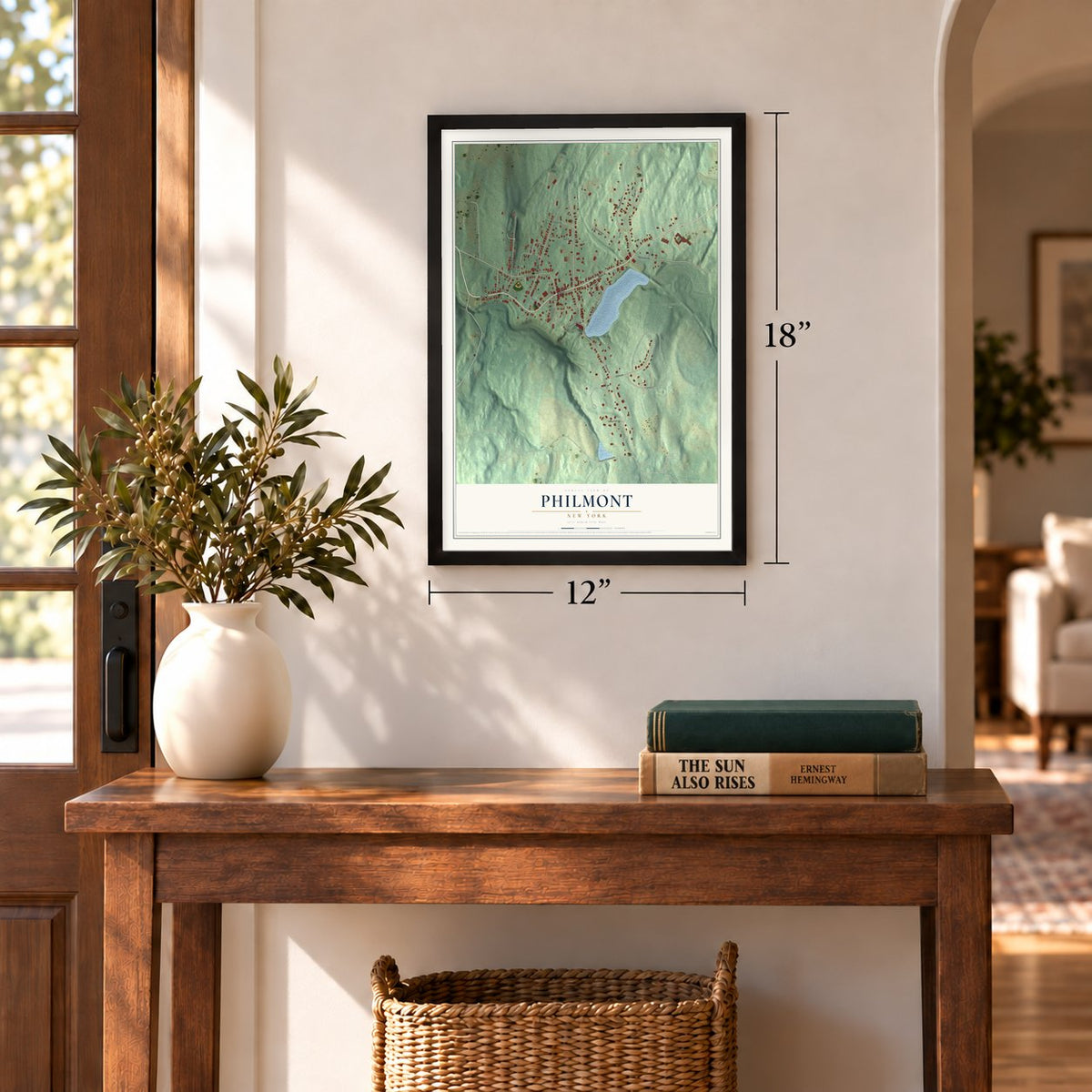 Philmont, New York map, 12 x 18 inch print in a black frame in an entryway