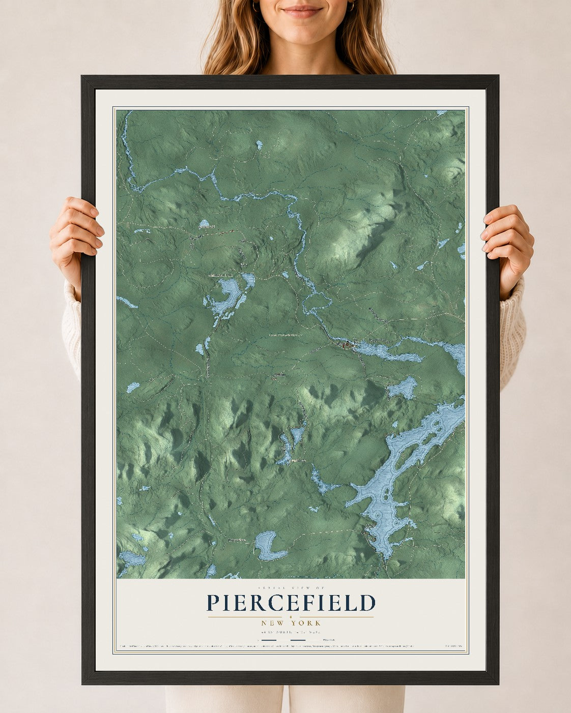 Piercefield, New York map print, 24" x 36" W/ Black Ayous Wood Frame mockup