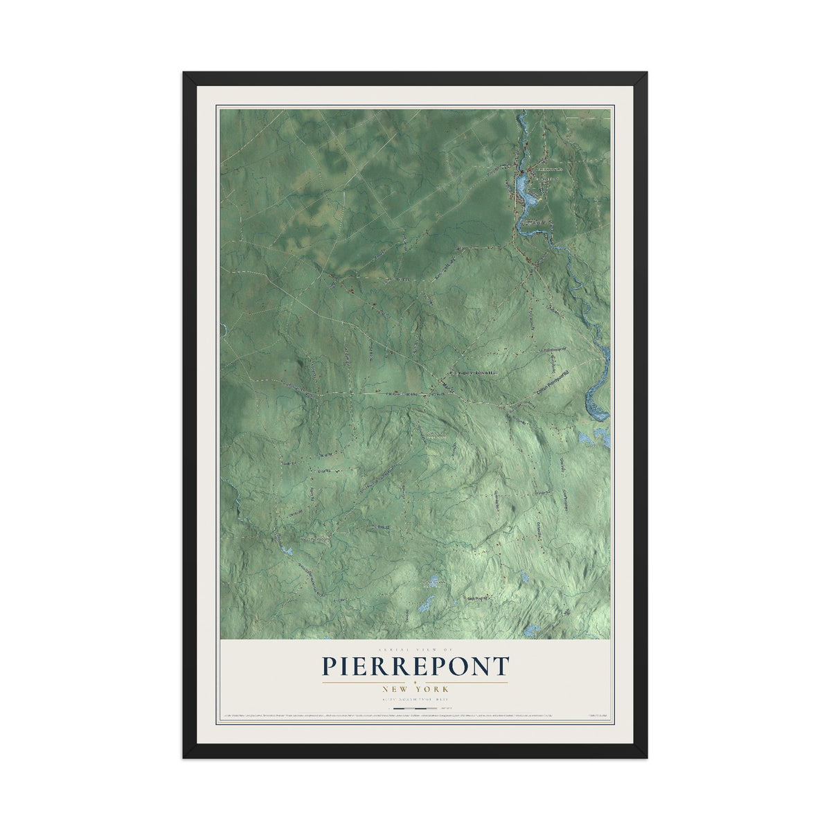 Pierrepont, New York map print, 12" x 18" W/ Black Ayous Wood Frame mockup