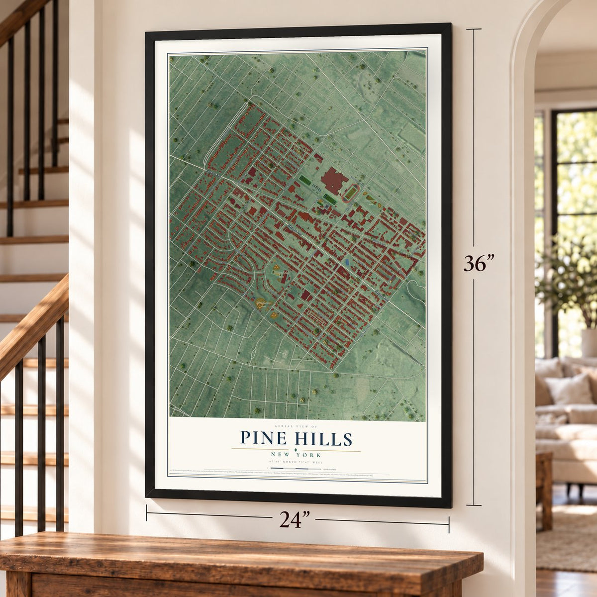 Pine Hills, New York map, 24 x 36 inch print in a black frame by a staircase