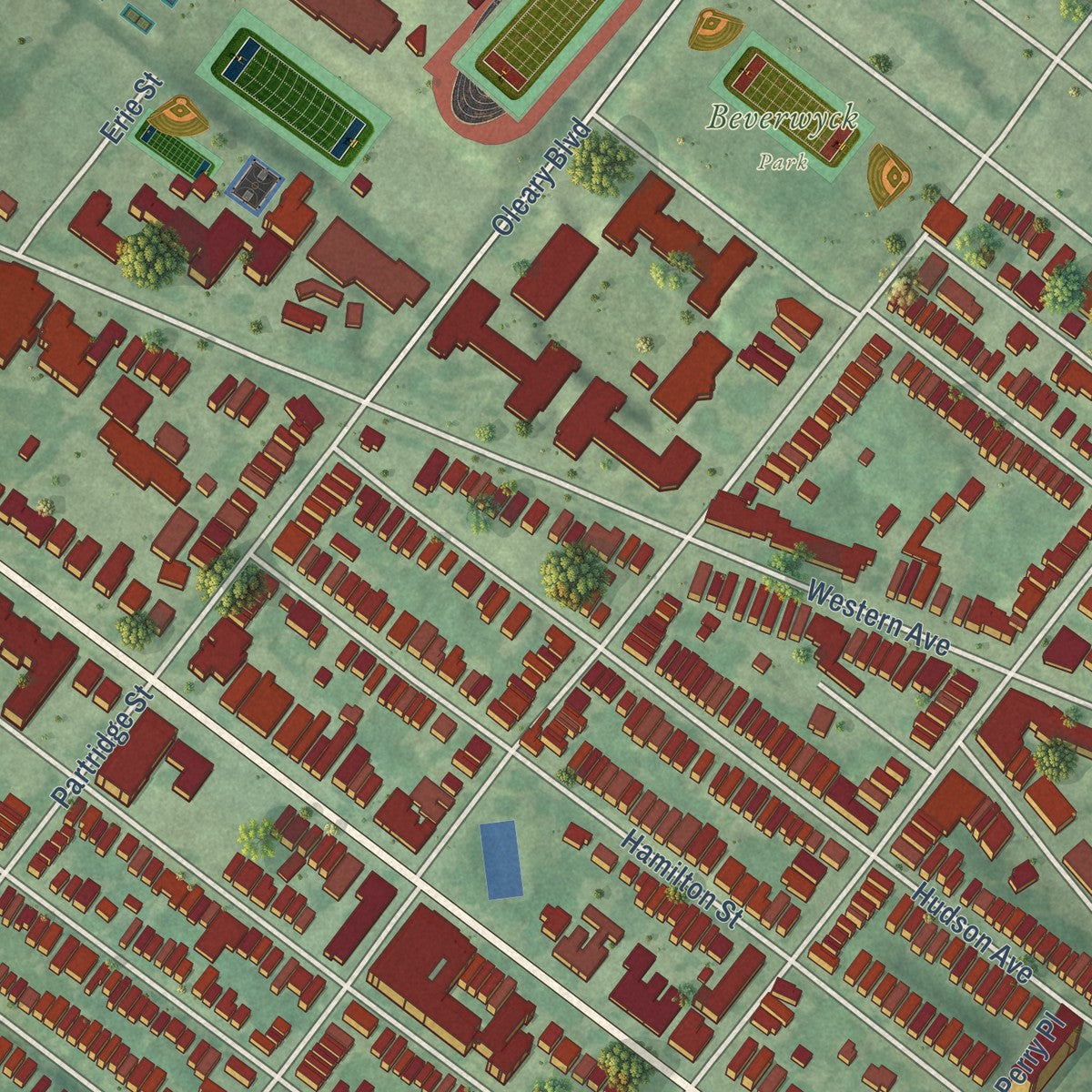 Close-up of the map of Pine Hills, New York print showing street and building detail