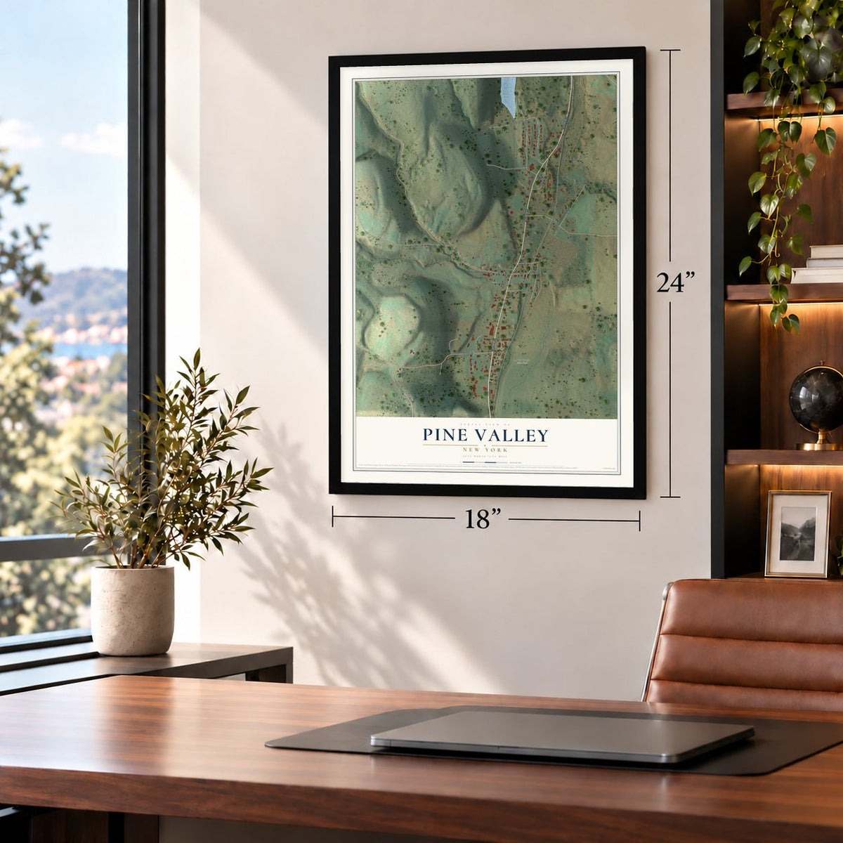 Pine Valley, New York map, 18 x 24 inch print in a black frame in a home office