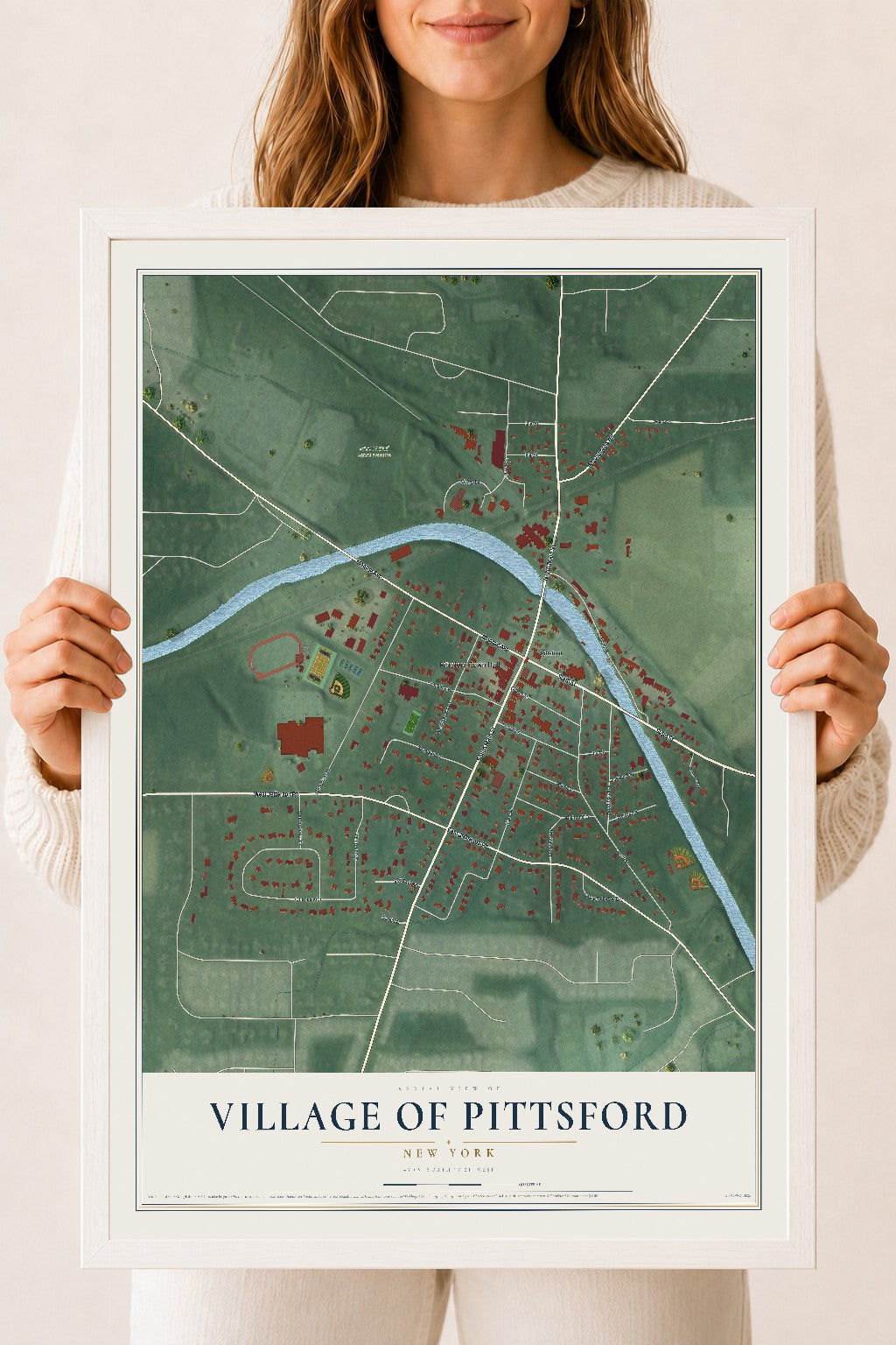 Pittsford, New York map print, 18" x 24" W/ White Ayous Wood Frame mockup