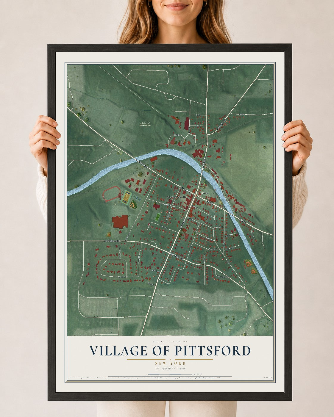 Pittsford, New York map print, 24" x 36" W/ Black Ayous Wood Frame mockup