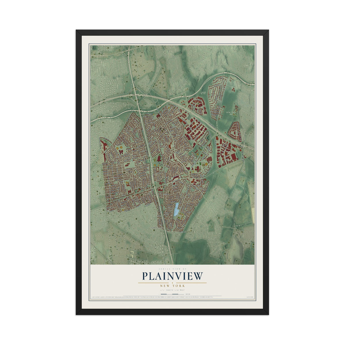 Plainview, New York map print, 12" x 18" W/ Black Ayous Wood Frame mockup