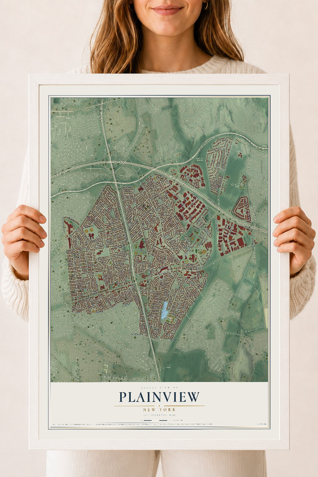 Plainview, New York map print, 18" x 24" W/ White Ayous Wood Frame mockup