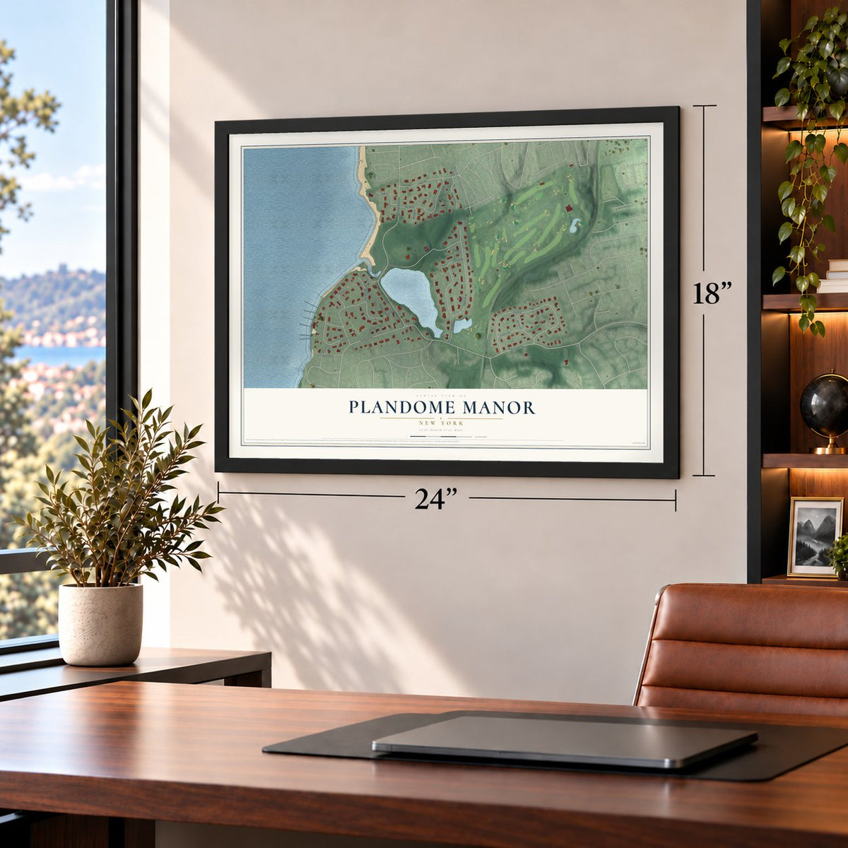 Plandome Manor, New York map, 18 x 24 inch print in a black frame in a home office