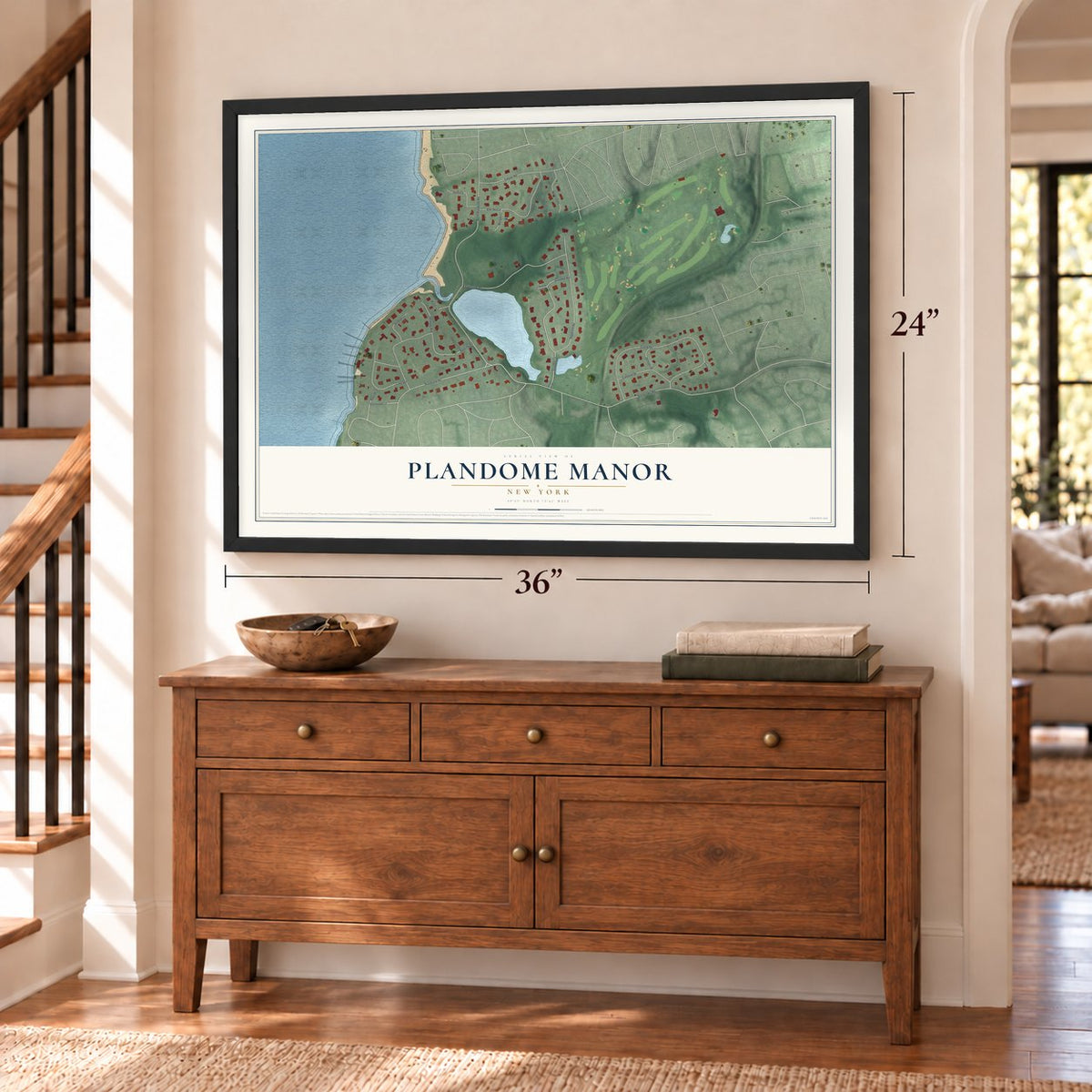 Plandome Manor, New York map, 24 x 36 inch print in a black frame above a dresser by a staircase