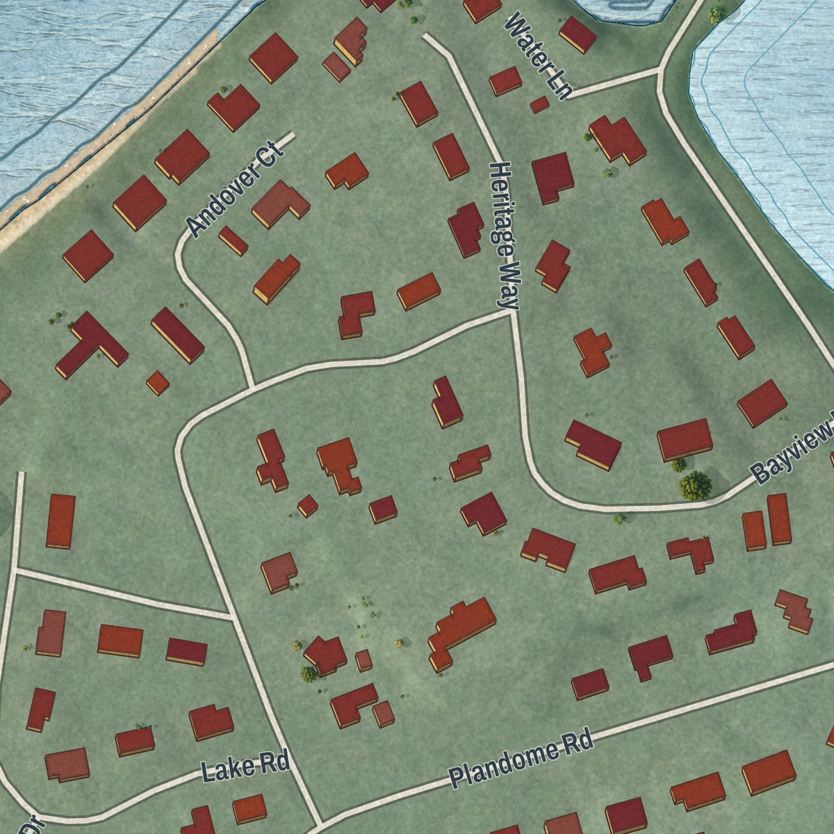 Close-up of the map of Plandome Manor, New York print showing street and building detail