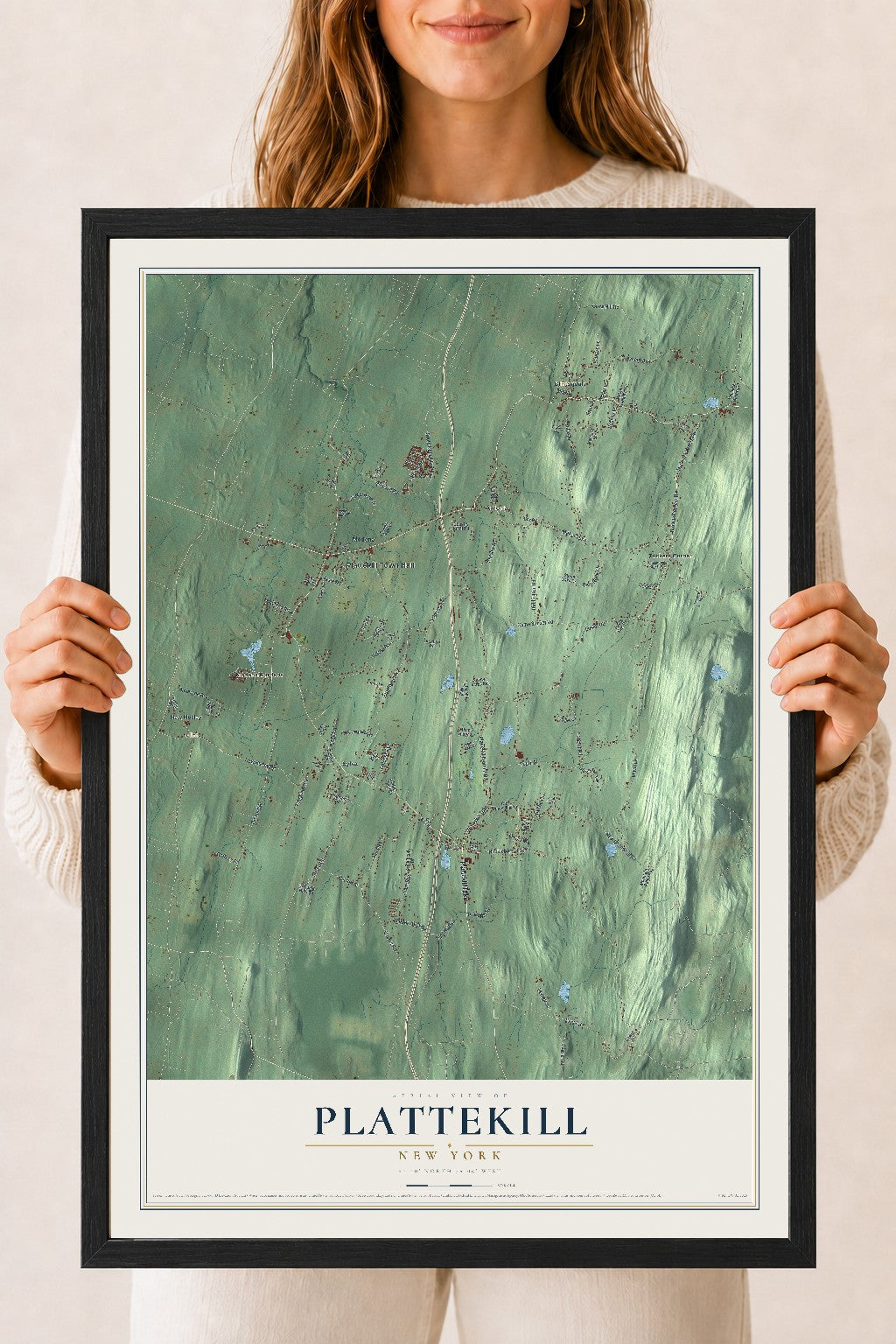 Plattekill, New York map print, 18" x 24" W/ Black Ayous Wood Frame mockup